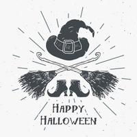 Halloween wenskaart vintage label, hand getrokken schets heks items, grunge getextureerde retro badge, typografie ontwerp t-shirt print, vector illustratie