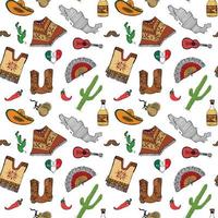 mexico naadloze patroon doodle elementen, hand getrokken schets Mexicaanse traditionele sombrero hoed, laarzen, poncho, cactus en tequila fles, kaart van mexico, muziekinstrumenten. vector afbeelding achtergrond