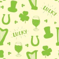 St Patrick's Day hand getrokken naadloze patroon, met kabouterhoed, munten, bierkop, klavertje vier, hoefijzer en Keltische harp vectorillustratie vector