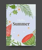Hallo zomer poster met tropisch bladeren, fruit en bloemen. zomer poster illustratie vector