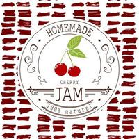 jam label ontwerpsjabloon. voor kersendessertproduct met hand getrokken geschetst fruit en achtergrond. doodle vector cherry illustratie merkidentiteit