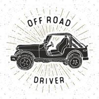 offroad suv auto, vintage label, hand getrokken schets, grunge getextureerde retro badge, typografie ontwerp t-shirt print, vector illustratie