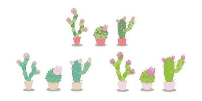 vector illustratie reeks van gestileerde binnen- cactussen. bloeiend vetplanten in potten - opties in verschillend kleuren.