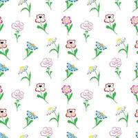 vector tekening illustratie naadloos patroon van zomer bloemen geïsoleerd Aan wit achtergrond. roos, korenbloem, papaver, petunia, kamille