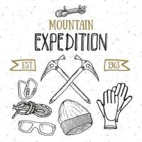 berg expeditie vintage set. hand getrokken schetselementen voor retro kentekenembleem, openluchtwandelavontuur en bergen die etiketontwerp, extreme sporten, vectorillustratie onderzoeken. vector