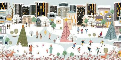 winter landschap achtergrond, kerstmis nacht in stad, vector banier schattig winter wonderland in de stad, mensen viering in de park Aan nieuw jaar, spandoek ontwerp voor vrolijk kerst, nieuw jaar 2024 kaart