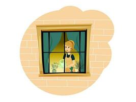de meisje is gieter binnen- planten. venster visie van buiten. huis tuin. vector illustratie