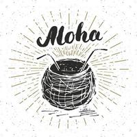 vintage label, hand getrokken kokosnoot met belettering aloha, grunge getextureerde retro badge sjabloon, typografie ontwerp vectorillustratie vector