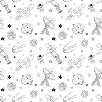 ruimte doodles pictogrammen naadloze patroon. hand getrokken schets met meteoren, zon en maan, radar, astronautenraket en sterren. vector illustratie geïsoleerd