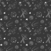 ruimte doodles pictogrammen naadloze patroon. hand getrokken schets met meteoren, zon en maan, radar, astronautenraket en sterren. vectorillustratie op schoolbord vector