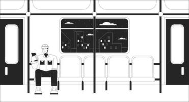 forens het spoor passagier zwart en wit zie fi kilte behang. snel doorvoer. jong Mens metro rijden 2d vector tekenfilm karakter illustratie, minimalisme achtergrond. 80s retro album kunst, lijn kunst