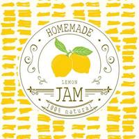 jam label ontwerpsjabloon. voor citroendessertproduct met hand getrokken geschetst fruit en achtergrond. doodle vector citroen illustratie merkidentiteit