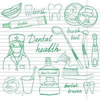 tandheelkundige gezondheid doodles pictogrammen instellen. hand getrokken schets met tanden, tandpasta tandenborstel tandarts mondwater en flossen. vectorillustratie op notebookpapier achtergrond vector