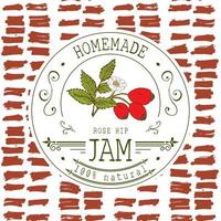 jam label ontwerpsjabloon. voor rozenbotteldessertproduct met hand getrokken geschetst fruit en achtergrond. doodle vector rozenbottel illustratie merkidentiteit