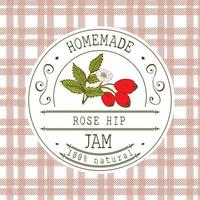 jam label ontwerpsjabloon. voor rozenbotteldessertproduct met hand getrokken geschetst fruit en achtergrond. doodle vector rozenbottel illustratie merkidentiteit