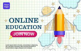online onderwijs banier en poster. 3d vector geel potlood met vliegend raket thema Aan papier, hand- getrokken decoratie van wolken, planeten en sterren