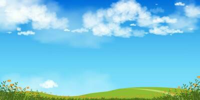 natuur voorjaar platteland landschap, groen veld, wolk, zomer hemel, natuurlijk horizon landelijk tafereel met groen weide en bloem Aan heuvels in zonnig dag, spandoek voor eter, milieu dag achtergrond vector