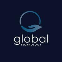 globaal technologie vector logo ontwerp. wereldbol en handen symbool logo. tech logo sjabloon met hand.
