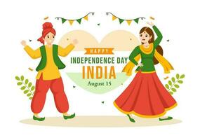 gelukkig onafhankelijkheid dag Indië vector illustratie Aan 15 augustus met Indisch vlag in vlak tekenfilm hand- getrokken viering achtergrond Sjablonen
