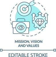missie, visie en waarden turkoois concept icoon. beïnvloeden werkplaats cultuur abstract idee dun lijn illustratie. geïsoleerd schets tekening. bewerkbare beroerte vector