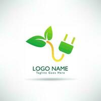 creatief logo macht blad met elektrisch plug, fabriek en blad symbool. groen milieu concept, ecologisch. vector illustratie.