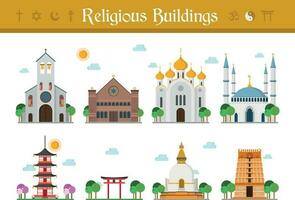 reeks van religieus gebouwen vector illustratie. katholicisme, jodendom, orthodox kerk, islamisme, Boeddhisme, taoïsme en hindoeïsme.