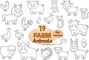 reeks van 19 boerderij dieren voor kleur in tekenfilm stijl vector illustratie