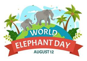 wereld olifant dag vector illustratie Aan 12 augustus met olifanten dieren voor redding inspanningen en behoud in tekenfilm hand- getrokken Sjablonen