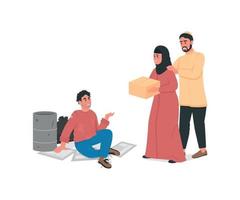Arabische paar helpen dakloze man egale kleur vector anonieme karakter