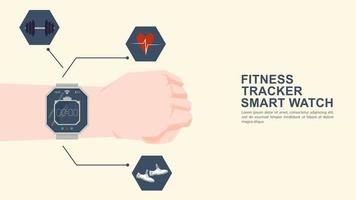 iconografie voor platte design hand met polshorloge fitness tracker en pictogrammen met functionaliteit vector