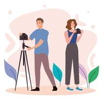 creatieve jonge paar fotografen karakters vector