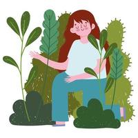 gelukkig meisje in tuin met planten gebladerte cartoon vector