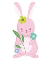schattig konijn cartoon met bloemen en bladveer geïsoleerde stijl vector