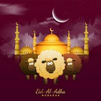 eid-al-adha mubarak groet kaart met drie tekenfilm schapen staand in voorkant van gouden moskee illustratie Aan donker roze halve maan maan nacht achtergrond. vector