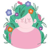 vrouw met bloemen blad groen haar decoratie cartoon vector