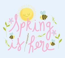 lente zon bee bloemen hand getrokken belettering vector