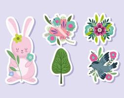 lente konijn bloemen boom vogel vlinder stickers set vector