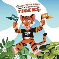springende tijgermascotte houdt een campagnevlag vast vector