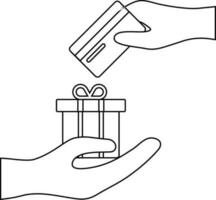lijn kunst hand- Holding geschenk doos met kaart betaling methode. vector