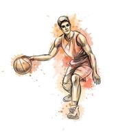 abstracte basketbalspeler met bal uit een scheutje aquarel hand getrokken schets vectorillustratie van verf vector