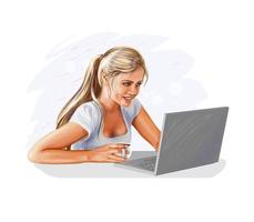 vrouw blogger bezig met laptop met een kopje koffie realistische vectorillustratie van verf vector