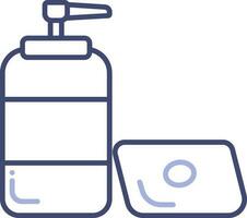 blauw lijn kunst zeep bar en pomp fles icoon voor schoonmaak. vector