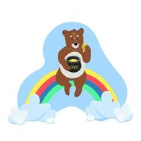 schattige beer zittend op een regenboog en met een pot honing in zijn poten childrens cartoon-stijl plat ontwerp vector
