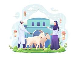 het paar viert eid al adha door twee geiten te doneren voor qurban eid al adha mubarak vectorillustratie vector