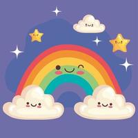schattige regenboog met sterren en wolken stickers kawaiikarakters vector