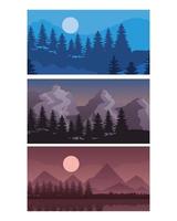 landschap van bergen en pijnbomen frames icoon collectie vector design