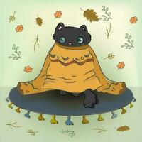 een kat in een groot trui, schattig ogen met een verrast uitdrukking, herfst knus, vallend bladeren, een kat zittend Aan een tapijt vector