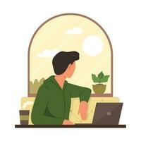 freelancer Mens ontspannende na werk en op zoek de zonsondergang door glas venster vector