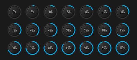 set van halve cirkel boog percentage diagrammen voortgangsbalk meters van 0 tot 100 voor webdesign gebruikersinterface ui of infographic indicator met cyaan blauw vector