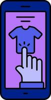 hand- Klik t-shirt voor online boodschappen doen Purper en blauw icoon. vector